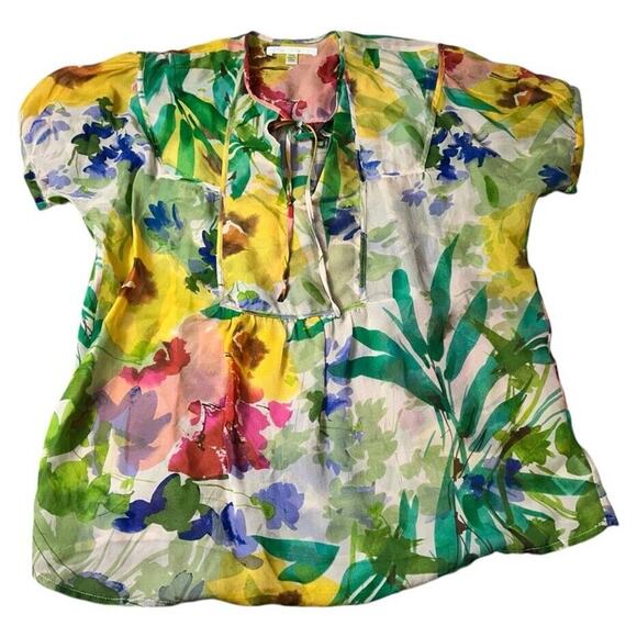 Jenny Han Colorful Watercolor Floral Blouse Sz XS 100% Silk Oversized Semi-Sheer - Picture 7 of 11